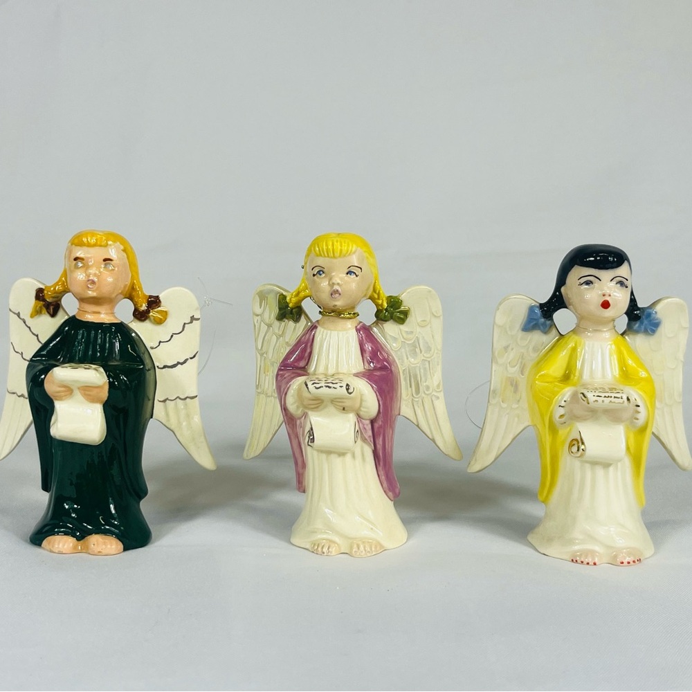 3 Vintage MCM Christmas Ceramic Singing Angels Painted Figurine